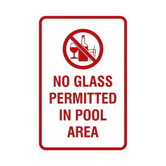 Portrait Round No Glass Permitted In Pool Area Sign (White/Red) - Small 4" x 6"