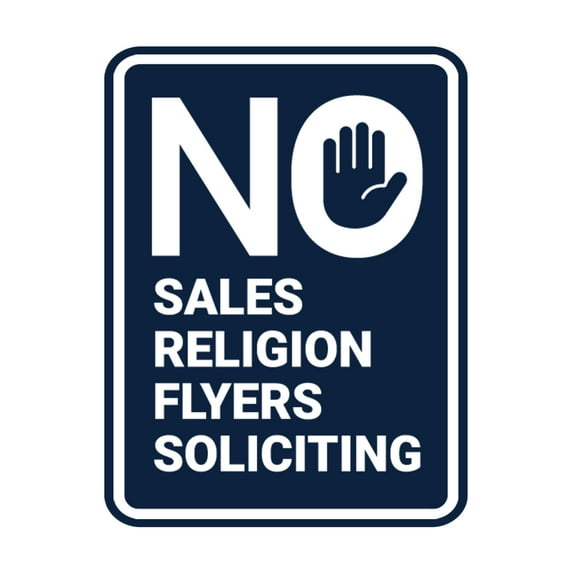 Portrait Round No Sales, No Religion, No Flyers, No Soliciting Sign (Navy Blue / White) - Small