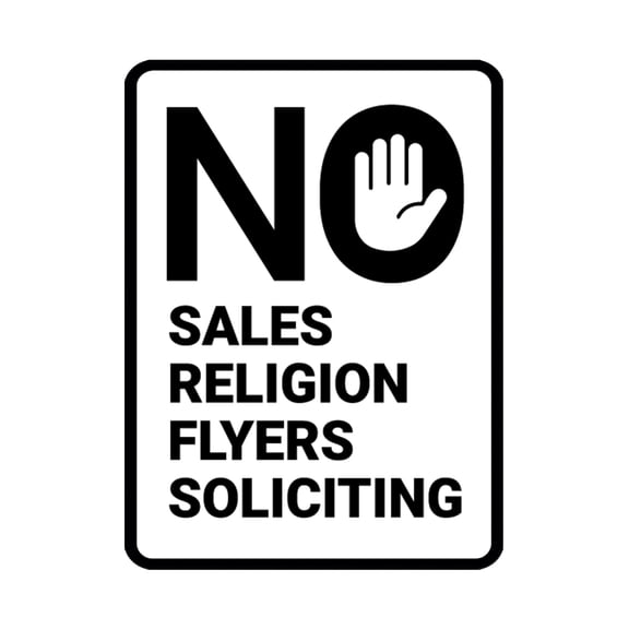 Portrait Round No Sales, No Religion, No Flyers, No Soliciting Sign (White) - Small