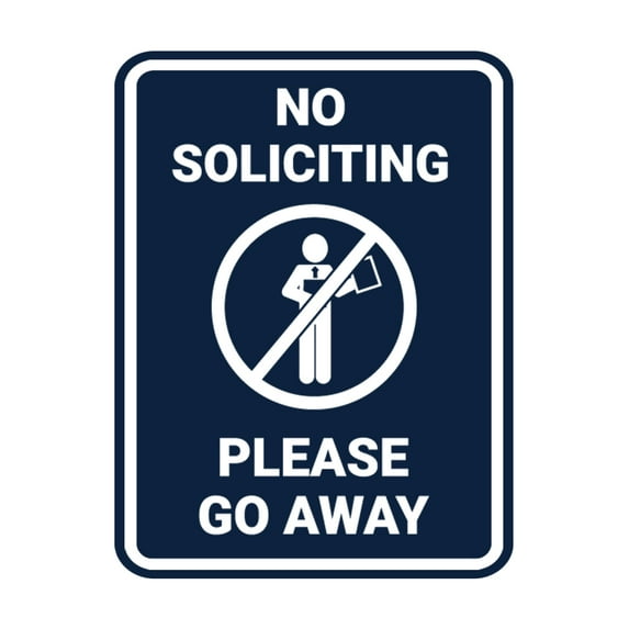 Portrait Round No Soliciting Please Go Away Sign (Navy Blue / White) - Medium