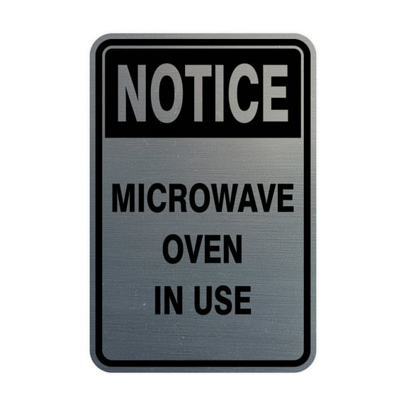 Portrait Round Notice Microwave Oven In Use Sign (Brushed Silver) - Small 4" x 6"