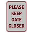 thumbnail image 1 of Portrait Round Please Keep Gate Closed Sign (Light Grey / Burgundy) - Small 4" x 6", 1 of 3