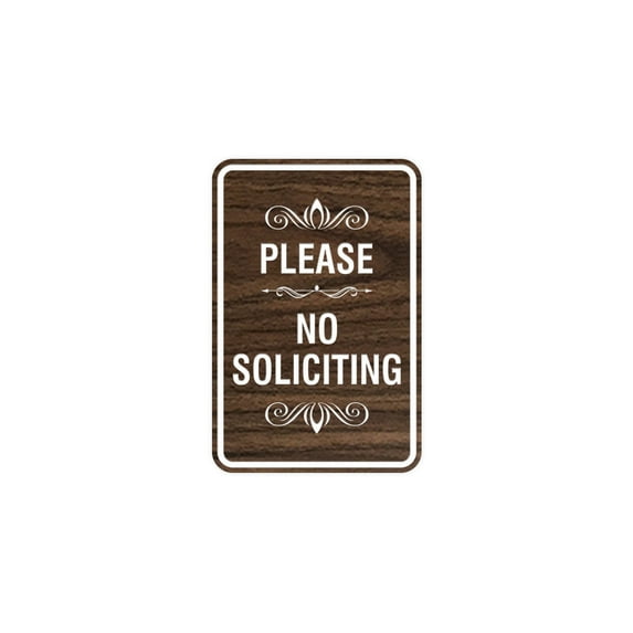 Portrait Round Please No Soliciting Sign (Walnut) - Large 6" x 8"