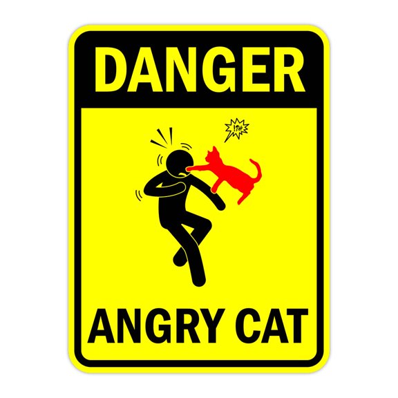 Portrait Round Plus Danger Angry Cat Door or Wall Sign | Funny Warning Sign For Decoration - Small