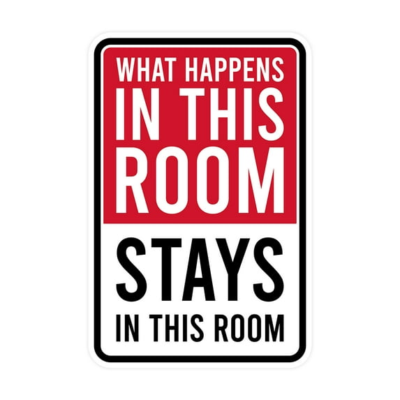 Portrait Round Plus What Happens In This Room Stays In This Room Wall or Door Sign | Easy Installation | Funny Novelty Imitation Warning Signs - Large