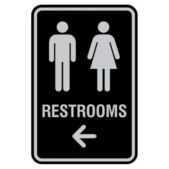 Portrait Round Restrooms Left Arrow Sign (Black / Silver) - Small 4" x 6"