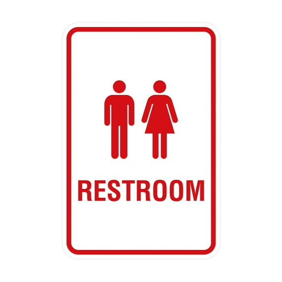 Portrait Round Unisex Restroom Sign (White/Red) - Small 4" x 6"
