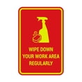 thumbnail image 1 of Portrait Round Wipe Down Your Work Area Regularly Sign (Red/Yellow) - Small 4x6", 1 of 1