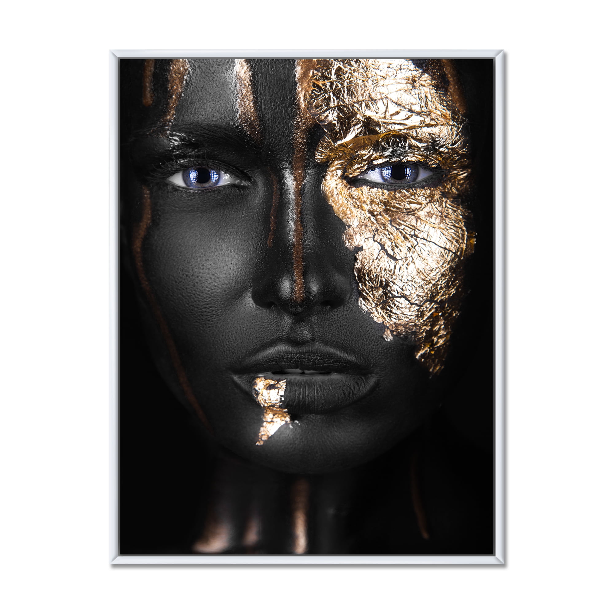 Portrait of A African American Girl with Gold Makeup 16 in x 32 in Framed Painting Canvas Art Print, by Designart
