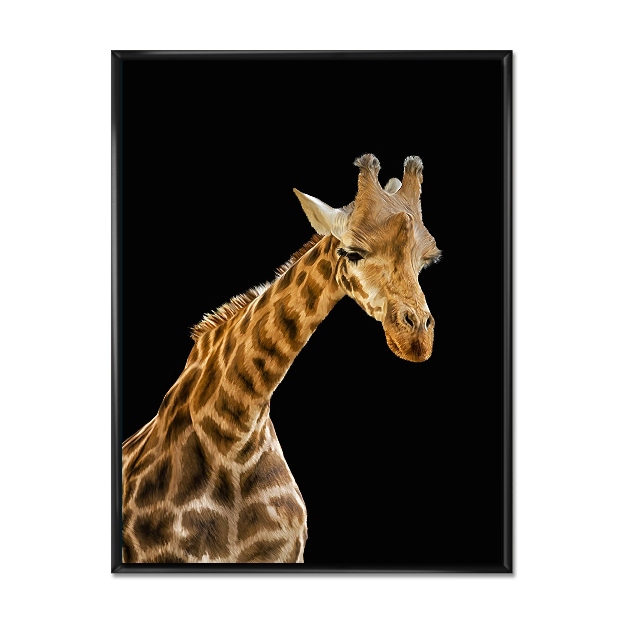 Portrait of A Giraffe On Black Background II 16 in x 32 in Framed Photography Canvas Art Print, by Designart