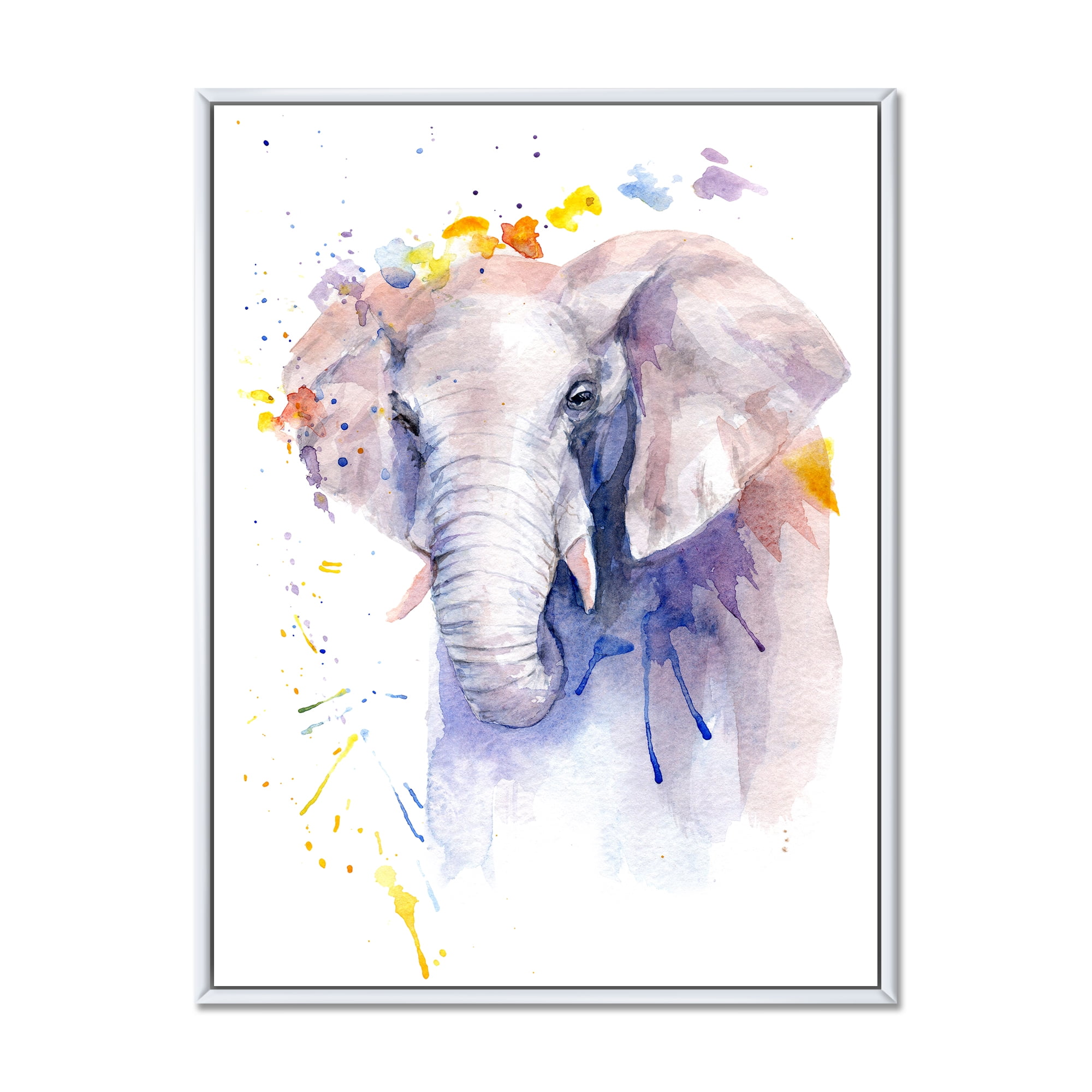 Portrait of An Elephant Yellow and Blue Strokes 16 in x 32 in Framed Painting Canvas Art Print, by Designart