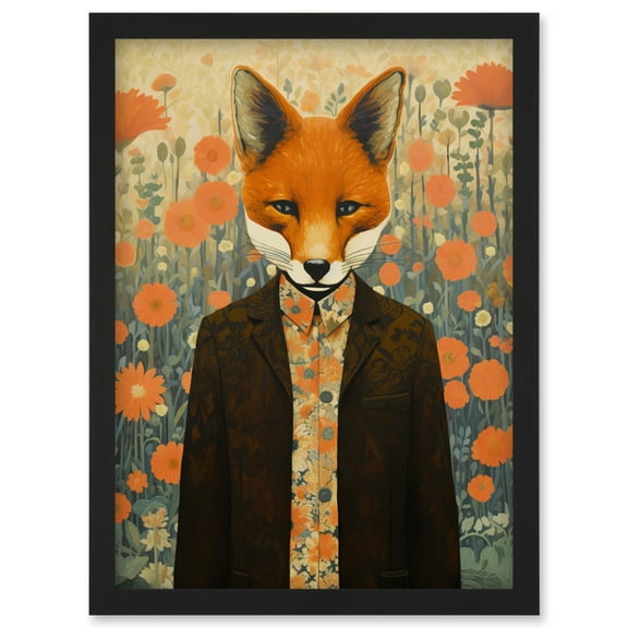 Portrait of Dressed Fox in Suit and Shirt Floral Background Orange Brown Autumn Tones Artwork Framed Wall Art Print A4