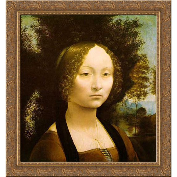 Portrait of Ginevra Benci 20x20 Gold Ornate Wood Framed Canvas Art by Da Vinci, Leonardo