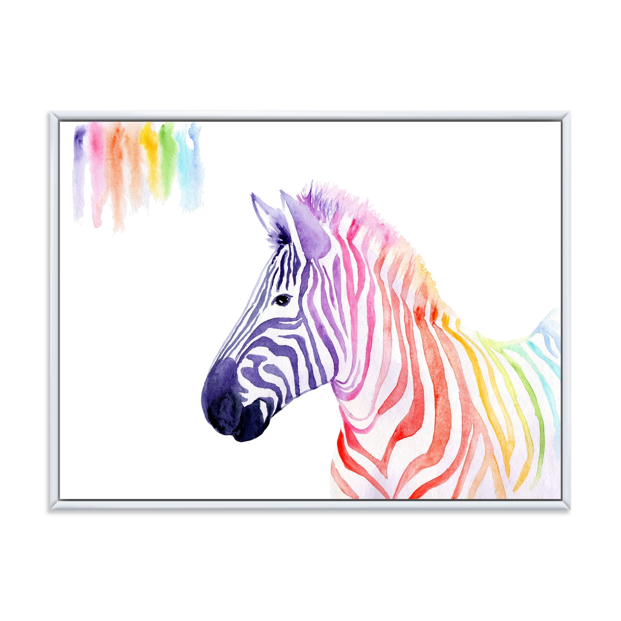 Portrait of Rainbow Zebra On White 20 x 12 Framed Painting Canvas Art  Print, by Designart