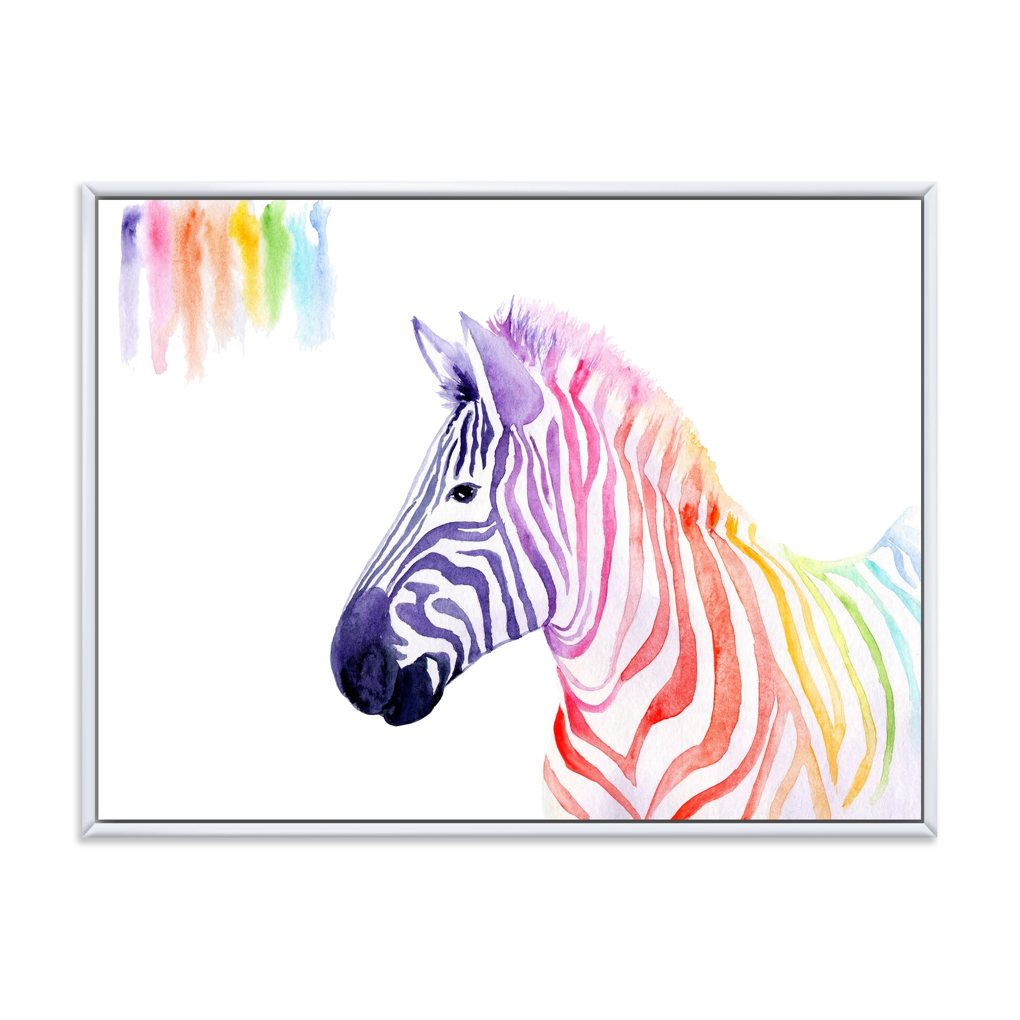 Portrait of Rainbow Zebra On White 32 in x 16 in Framed Painting Canvas Art Print, by Designart