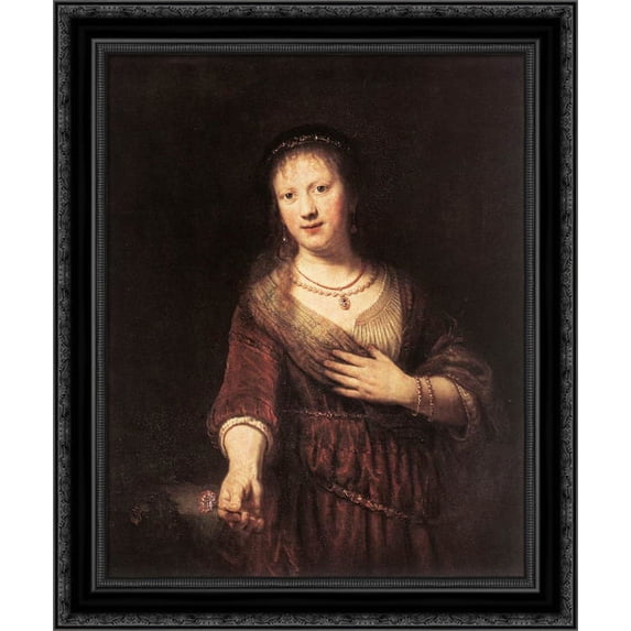 Portrait of Saskia with a Flower 20x23 Black Ornate Wood Framed Canvas Art by Rembrandt
