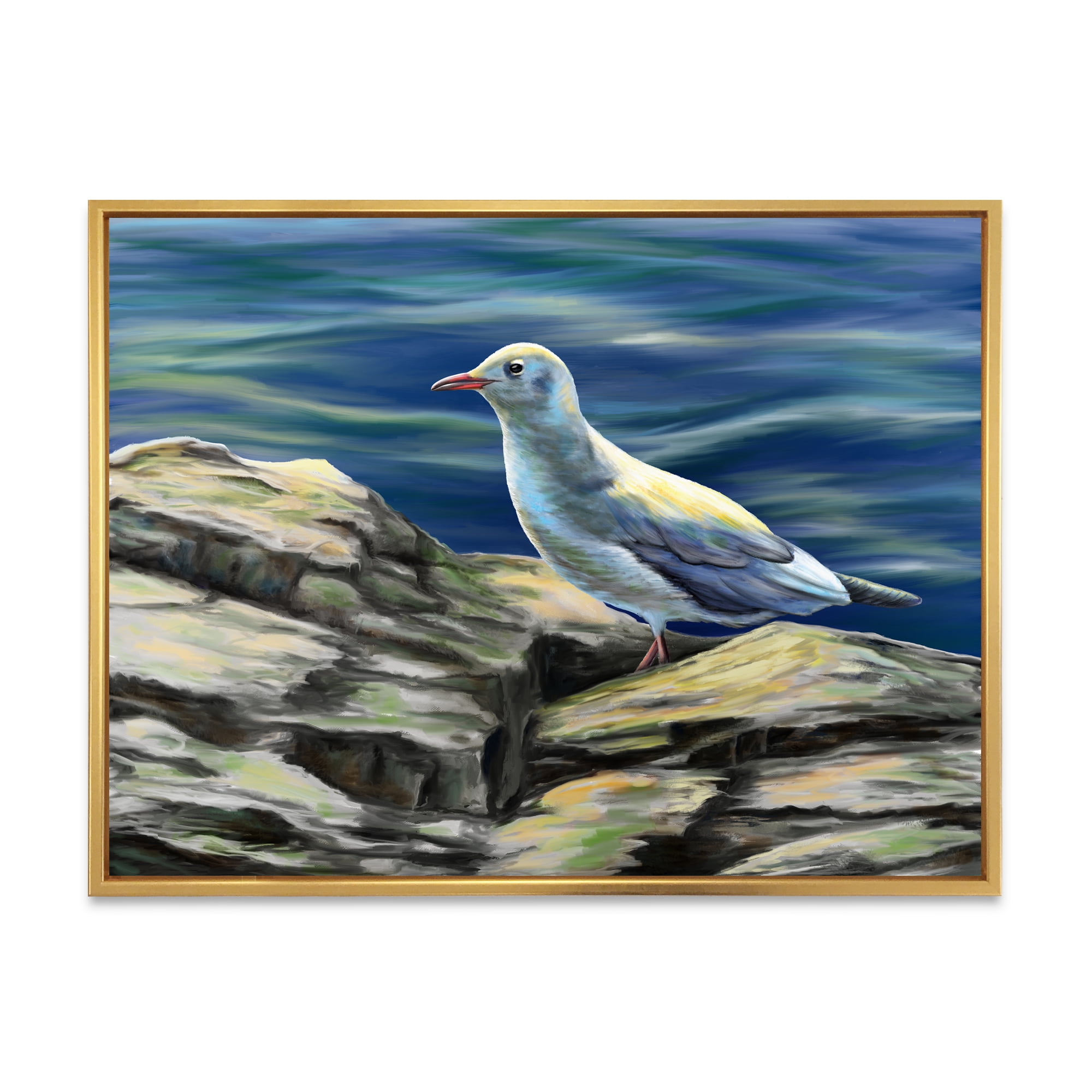 Portrait of Seagull Birds By The Sea 20 in x 12 in Framed Painting Canvas Art Print, by Designart