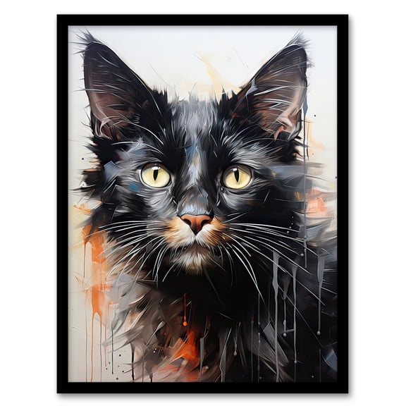 Portrait of a Black Kitten Drip Paint Oil Painting Orange Grey Cream Cat Lover Artwork Art Print Framed Poster Wall Decor 12x16 inch