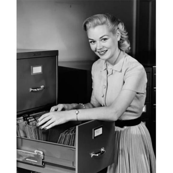 Portrait of a Businesswoman Searching for Files in a Filing Cabinet Poster Print - 18 x 24 in.