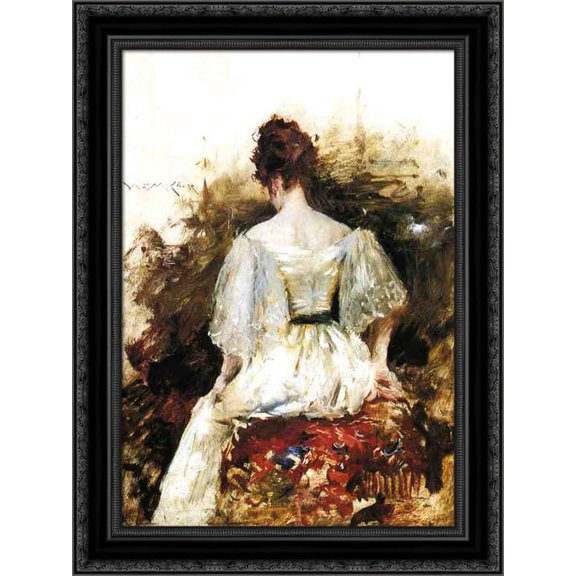 Portrait of a Woman: The White Dress 20x24 Black Ornate Wood Framed Canvas Art by Chase, William Merritt