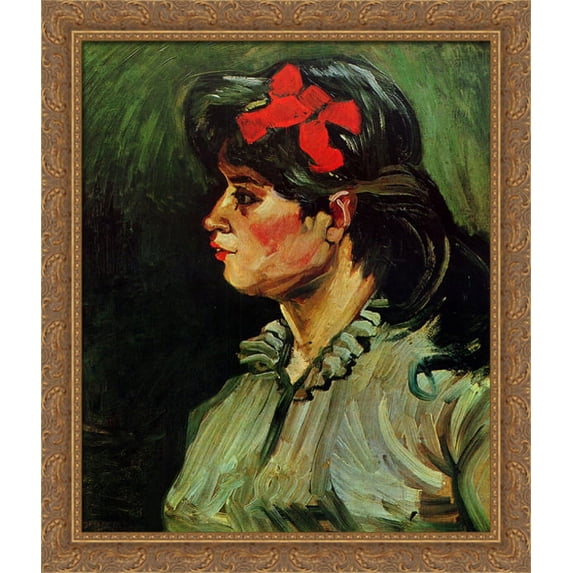 Portrait of a Woman with a Red Ribbon 28x34 Large Gold Ornate Wood Framed Canvas Art by Vincent van Gogh