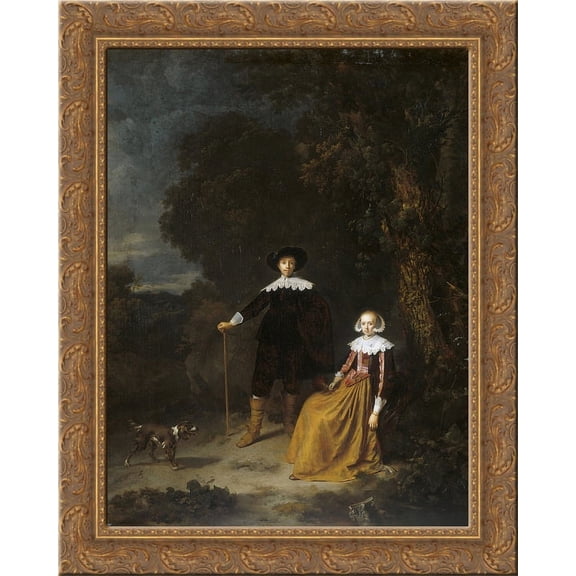 Portrait of a couple in a landscape 24x20 Gold Ornate Wood Framed Canvas Art by Gerrit Dou