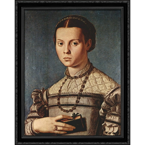 Portrait of a girl with book 28x34 Large Black Ornate Wood Framed Canvas Art by Agnolo Bronzino