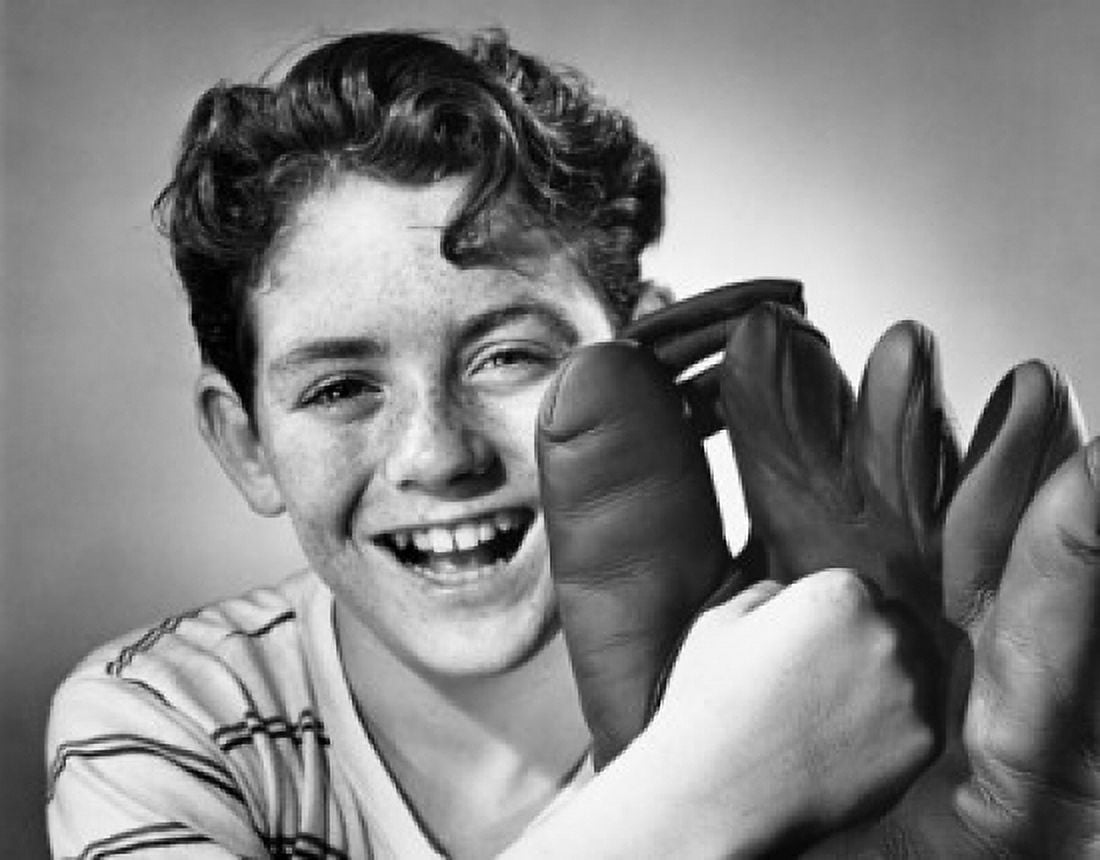 Portrait of a smiling boy wearing a baseball glove Canvas Art - (18 x 24)