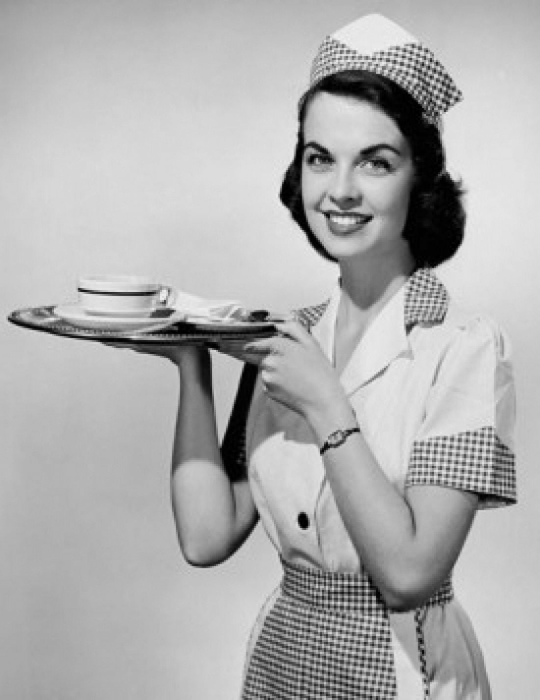 Portrait of a waitress holding a tray with a cup and saucer Canvas Art - (18 x 24)