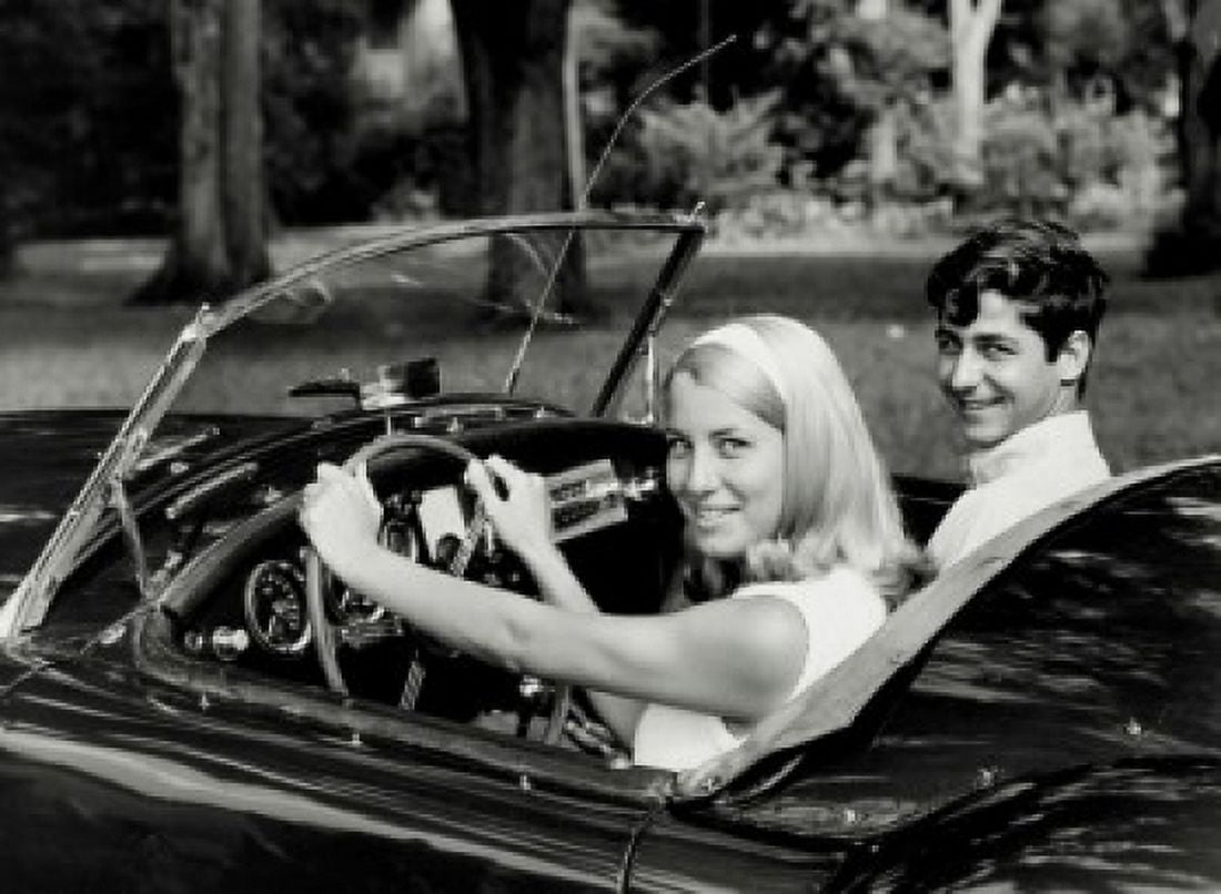 Portrait of a young couple sitting in a convertible car Canvas Art - (18 x 24)