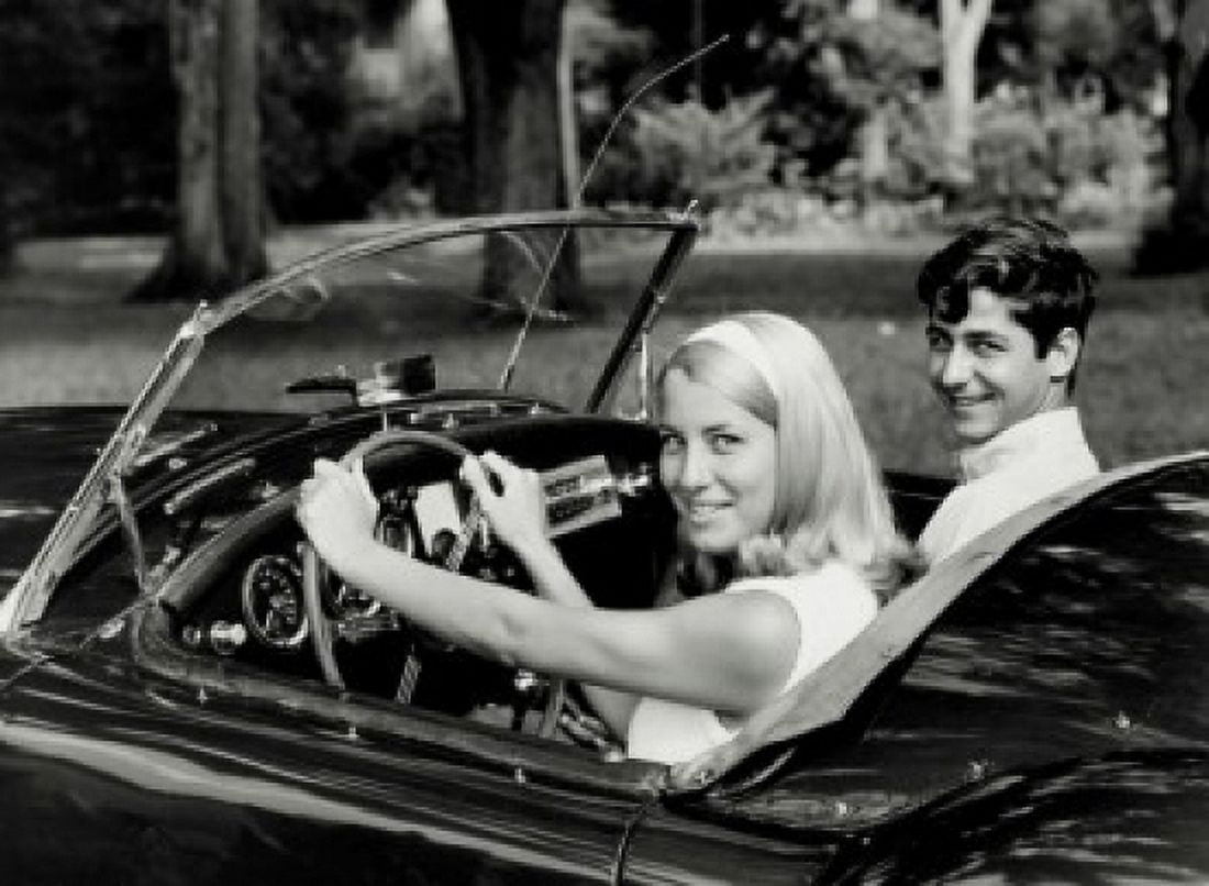 Portrait of a young couple sitting in a convertible car Canvas Art - (24 x 36)
