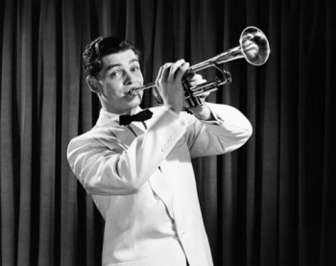 Portrait of a young man playing the trumpet Canvas Art - (24 x 36)