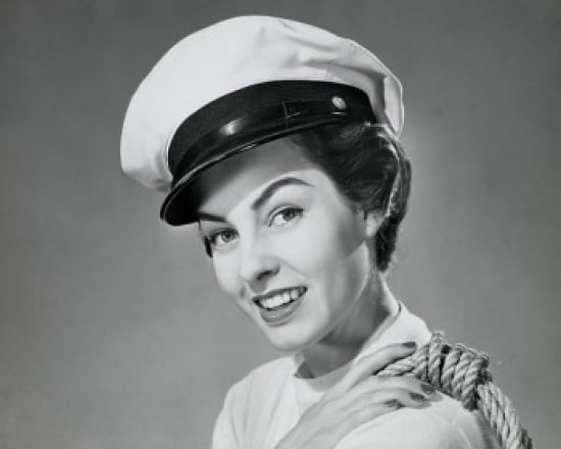 Portrait of a young woman wearing a sailor hat and smiling Canvas Art - (18 x 24)