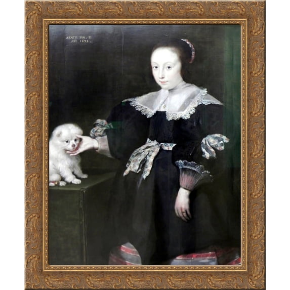 Portrait of an eleven year old girl with a dog, dressed in Spanish fashion 24x20 Gold Ornate Wood Framed Canvas Art by Cornelis de Vos