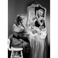 thumbnail image 1 of Portrait of beautiful woman combing hair in front of mirror Poster Print (24 x 36), 1 of 4