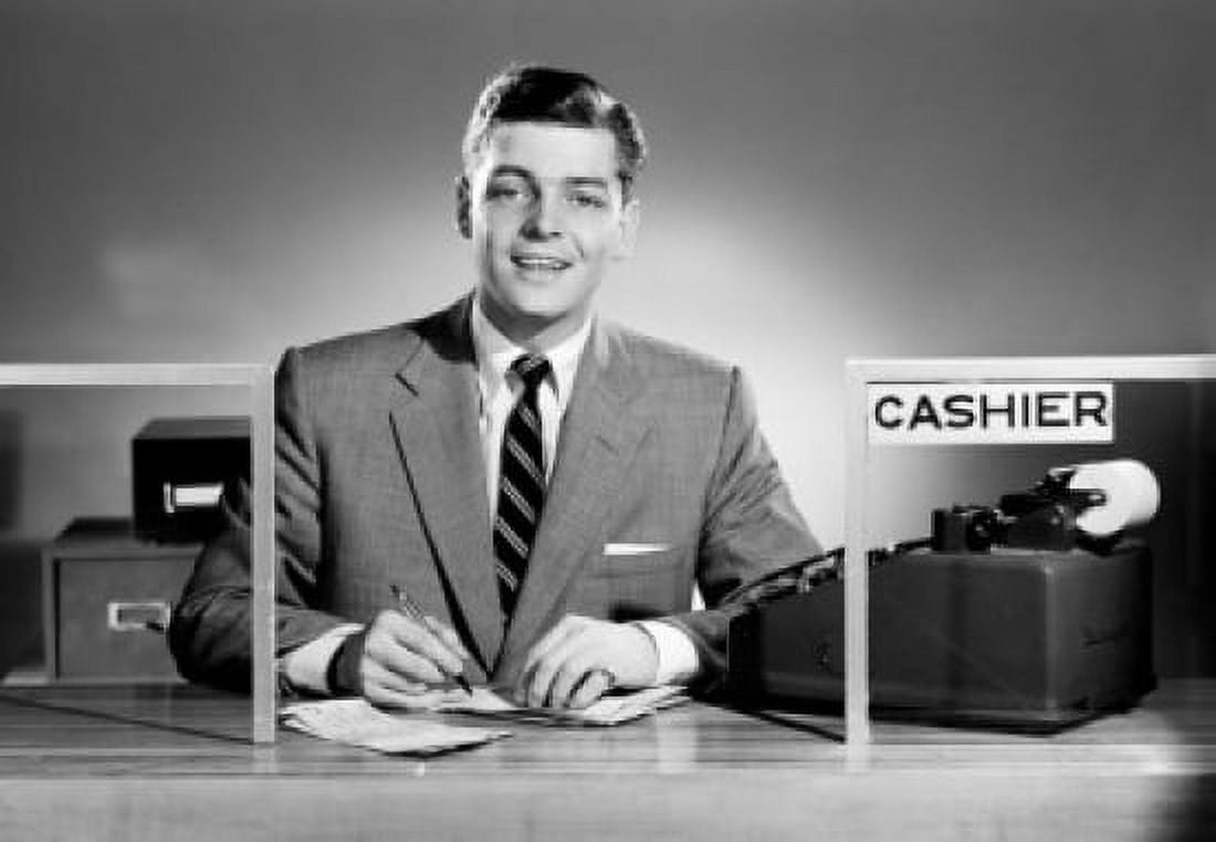 Portrait of cashier at desk Canvas Art - (24 x 36)