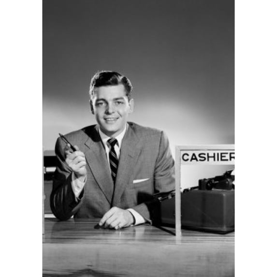 Portrait of cashier at desk Poster Print (24 x 36)