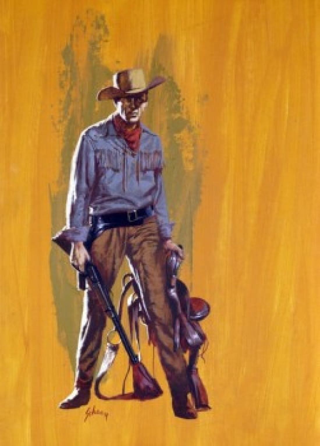 Portrait of cowboy holding shotgun and saddle Canvas Art - (24 x 36)