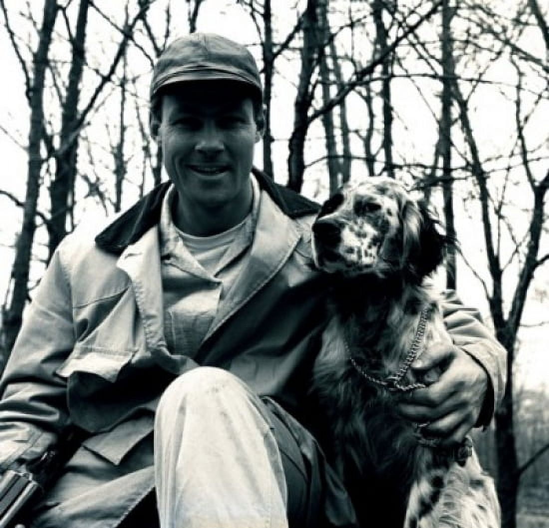 Portrait of smiling hunter with English Setter in forest Canvas Art - (18 x 24)