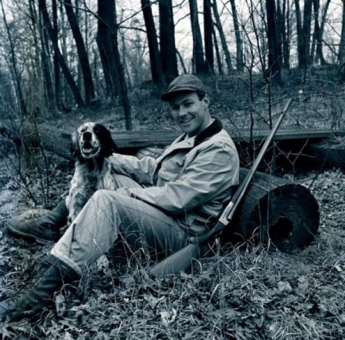 Portrait of smiling hunter with English Setter in forest Canvas Art - (18 x 24)