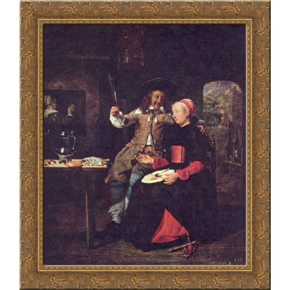 Portrait of the Artist with his Wife Isabella de Wolff in a Tavern 20x20 Gold Ornate Wood Framed Canvas Art by Metsu, Gabriel