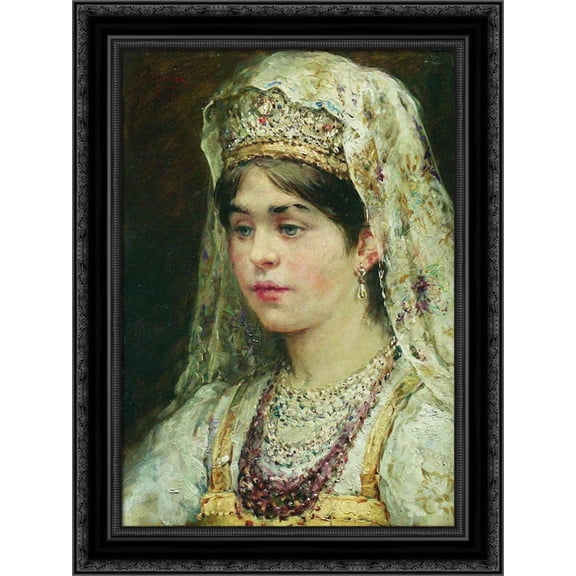 Portrait of the Girl in a Russian Dress 20x24 Black Ornate Wood Framed Canvas Art by Makovsky, Konstantin