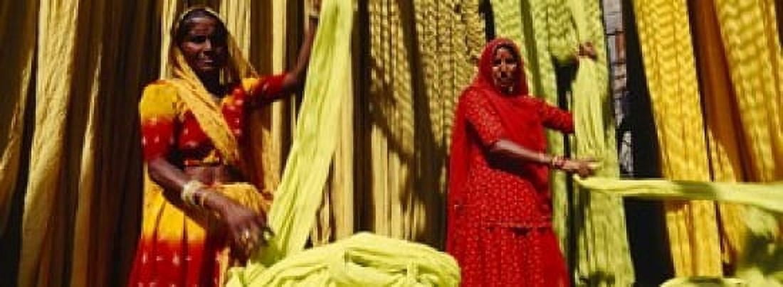 Portrait of two mature women working in a textile industry Rajasthan India Canvas Art - Panoramic Images (18 x 7)