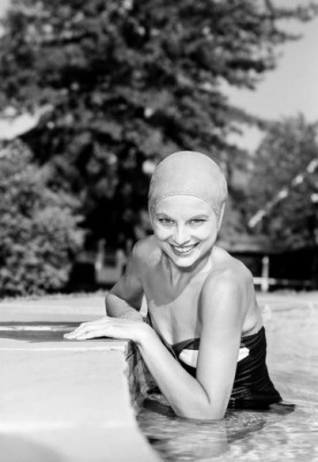 Portrait of young woman in outdoor swimming pool smiling Canvas Art - (18 x 24)