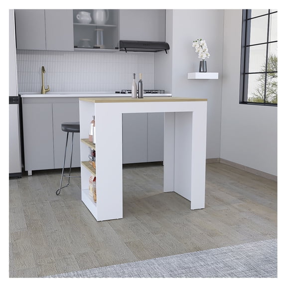 Portree Kitchen Island with 3-Side Shelves Multicolor + Kitchen + Modern + Rectangular + Stationary Kitchen Islands + Particle Board + Engineered Wood + Medium (40-55in)