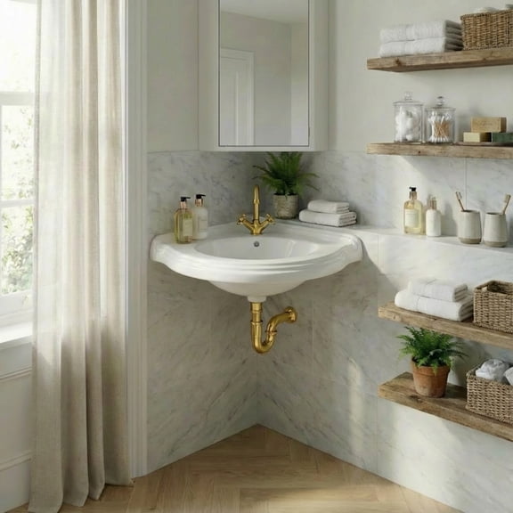 Portsmouth Corner Bathroom Sink 22" W Wall Mount White Ceramic Bowl w/Overflow, Bracket and Backsplash Grade A Porcelain Sink Renovators Supply