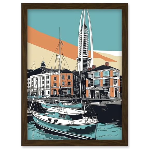 Portsmouth Historic Dockyard Modern Linocut Style Artwork Framed Wall Art Print A4