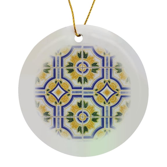 3drose, Portugal. Aveiro. Blue and Yellow Tilework, Azulejo, Historic District, Circle Porcelain Ornament