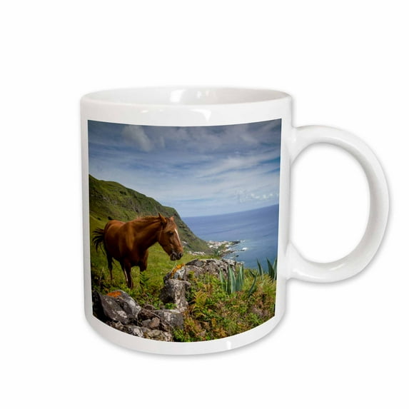 3drose, Portugal, Azores, Santa Maria Island, Maia. Horse in Coastal Pasture, 15oz Mug