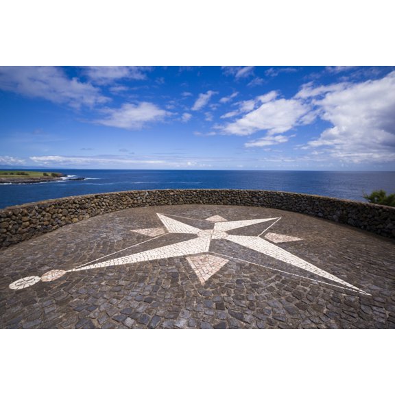 Portugal, Azores, Sao Jorge Island, Topo. Ponta do Topo, compass rose mosaic Poster Print by Walter Bibikow (18 x 24)